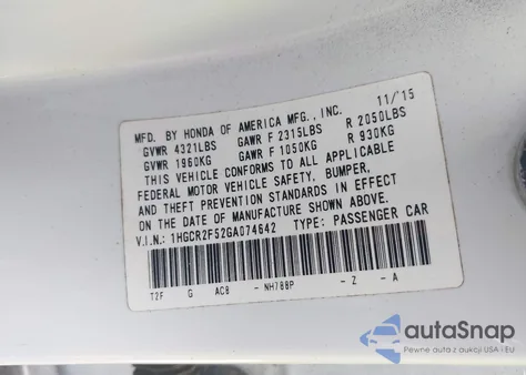 2016 Honda Accord Sport z USA, uszkodzony, nr VIN 1HGCR2F52GA074642